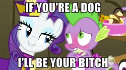 Size: 631x351 | Tagged: safe, edit, edited screencap, screencap, rarity, spike, dragon, pony, unicorn, dragon quest, equestria girls, equestria girls (movie), caption, female, hub logo, image macro, male, mare, meme, rarity's bad pickup lines, shipping, sparity, straight, vulgar