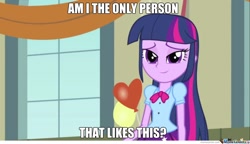 Size: 960x552 | Tagged: safe, twilight sparkle, equestria girls, equestria girls (movie), balloon, blatant lies, image macro, meme, no, you are not alone