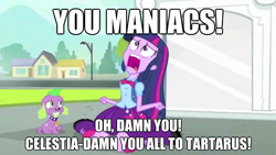 Size: 624x351 | Tagged: safe, edit, edited screencap, screencap, spike, twilight sparkle, dog, equestria girls, equestria girls (movie), duo, exploitable meme, planet of the apes, spike the dog, twiscream