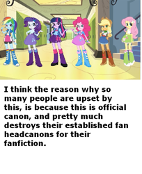 Size: 457x561 | Tagged: safe, applejack, fluttershy, pinkie pie, rainbow dash, rarity, twilight sparkle, equestria girls, background pony strikes again, fanfic, humane five, humane six, meta, text, theory