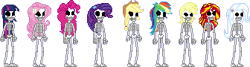 Size: 336x90 | Tagged: safe, artist:toonalexsora007, derpibooru import, applejack, derpy hooves, fluttershy, pinkie pie, rainbow dash, rarity, sunset shimmer, trixie, twilight sparkle, undead, equestria girls, bone, dia de los muertos, mane six, pixel art, skeleton, spooky scary skeleton, spooky scary skeletons, sprite