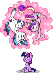 Size: 1345x1919 | Tagged: dead source, safe, artist:strangiesleepy, princess cadance, shining armor, twilight sparkle, alicorn, pony, unicorn, filly, magic