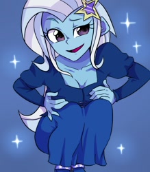 Size: 700x800 | Tagged: safe, artist:setoya, derpibooru import, trixie, equestria girls, looking at you, open mouth, smiling, smug, solo, squatting