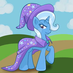 Size: 1024x1024 | Tagged: safe, artist:yoshimarsart, derpibooru import, trixie, pony, unicorn, raised hoof, solo, trixie's cape, trixie's hat, watermark