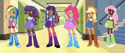 Size: 1280x545 | Tagged: safe, applejack, fluttershy, pinkie pie, rainbow dash, rarity, twilight sparkle, equestria girls, clothes, dark skin, eqg promo pose set, human coloration, humanized, skirt, twoiloight spahkle