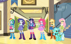 Size: 720x451 | Tagged: safe, edit, applejack, fluttershy, lyra heartstrings, pinkie pie, rainbow dash, rarity, twilight sparkle, pony, equestria girls, collar, eqg promo pose set, equestria girls drama, humie, leash, line-up, pet, pony pet