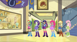 Size: 1099x594 | Tagged: safe, edit, applejack, fluttershy, pinkie pie, rainbow dash, rarity, twilight sparkle, equestria girls, clothes, eqg promo pose set, humanized, line-up, mane six, recolor, skirt, twoiloight spahkle