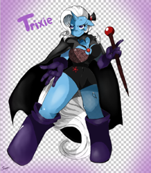 Size: 480x550 | Tagged: safe, artist:traupa, derpibooru import, trixie, anthro, unguligrade anthro, alicorn amulet, boots, breasts, cape, cleavage, clothes, female, floppy ears, gloves, hat, leotard, magician outfit, smiling, solo, staff, titsie