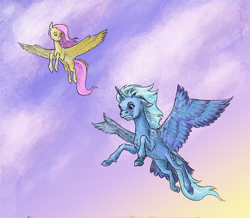 Size: 802x700 | Tagged: safe, artist:adeptus-monitus, derpibooru import, fluttershy, trixie, alicorn, pony, unicorn, alicornified, cloud, duo, floppy ears, flying, flying lesson, race swap, sky, spread wings, tail feathers, trixiecorn