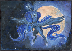 Size: 1024x722 | Tagged: safe, artist:dalagar, princess luna, alicorn, pony, female, mare, moon, night, solo, spread wings, traditional art
