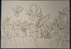 Size: 2550x1760 | Tagged: safe, artist:xeviousgreenii, derpibooru import, discord, princess cadance, princess celestia, princess flurry heart, princess luna, spike, starlight glimmer, thorax, trixie, twilight sparkle, twilight sparkle (alicorn), alicorn, changedling, changeling, dragon, pony, unicorn, to where and back again, alicorn pentarchy, flying, king thorax, lidded eyes, lineart, looking down, magic, monochrome, open mouth, sitting, smiling, spread wings, trixie's hat