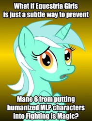 Size: 625x823 | Tagged: safe, lyra heartstrings, pony, unicorn, fighting is magic, equestria girls, conspiracy lyra, exploitable meme, female, green coat, horn, looking at you, mare, meme, open mouth, simple background, solo, text, two toned mane