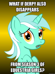 Size: 625x833 | Tagged: safe, derpy hooves, lyra heartstrings, pony, unicorn, equestria girls, conspiracy lyra, derpygate, exploitable meme, female, green coat, horn, looking at you, mare, meme, open mouth, simple background, solo, text, two toned mane