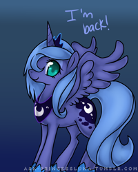 Size: 640x800 | Tagged: safe, artist:ambunny, princess luna, alicorn, pony, ask, ask-princessluna, colored pupils, gradient background, s1 luna, smiling, solo, tumblr