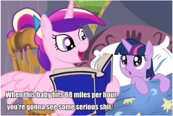 Size: 960x640 | Tagged: safe, princess cadance, twilight sparkle, unicorn twilight, alicorn, pony, unicorn, back to the future, bed, bedtime story, blanket, book, bow, cadance's bedtime stories, chair, detailed background, duo, duo female, exploitable meme, female, females only, filly, filly twilight sparkle, hair bow, hoof hold, horn, looking at each other, looking up, meme, multicolored mane, open mouth, pillow, pink coat, pink wings, purple coat, purple eyes, sitting, smiling, spread wings, teen princess cadance, text, vulgar, wings, younger