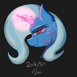 Size: 600x600 | Tagged: safe, artist:passigcamel, derpibooru import, trixie, pony, unicorn, corrupted, evil grin, grin, lidded eyes, looking at you, magic, simple background, slit eyes, smiling, solo