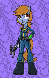 Size: 1004x1584 | Tagged: safe, artist:dontaskforcookie, oc, oc only, oc:littlepip, unicorn, fallout equestria, equestria girls, abstract background, clothes, equestria girls prototype, equestria girls-ified, fanfic, fanfic art, female, gun, handgun, little macintosh, mare, optical sight, pipbuck, ponied up, revolver, solo, vault suit, weapon