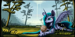 Size: 1264x632 | Tagged: safe, artist:auroriia, princess luna, alicorn, pony, ball, prone, random, solo, tree