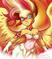 Size: 1305x1480 | Tagged: safe, artist:gabbslines, sunset shimmer, equestria girls, friendship games, artificial wings, augmented, belly button, breasts, cleavage, clothes, daydream shimmer, dress, face paint, female, glowing horn, jewelry, looking at you, magic, magic wings, necklace, pendant, signature, solo, spread wings, sunset jiggler, wings