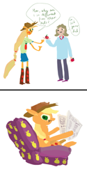 Size: 613x1227 | Tagged: safe, artist:cygaj, applejack, human, equestria girls, apple, chair, newspaper, offspring