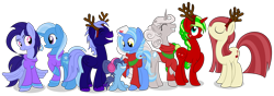 Size: 6959x2460 | Tagged: safe, artist:avarick, derpibooru import, trixie, oc, oc:cereza, oc:cobalt, oc:nightwatch, oc:rhythm a cappella, oc:serenity, oc:stirling silver, earth pony, pegasus, pony, unicorn, antlers, clothes, simple background, sweater, transparent background