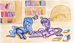 Size: 1374x800 | Tagged: safe, artist:unousaya, princess luna, twilight sparkle, twilight sparkle (alicorn), alicorn, pony, book, chess, female, golden oaks library, mare, pixiv, traditional art