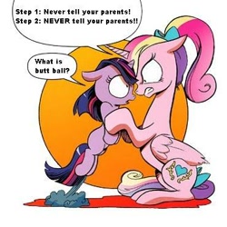 Size: 370x370 | Tagged: safe, princess cadance, twilight sparkle, alicorn, pony, spoiler:comic, butt ball, dissonant cadance, filly, filly twilight sparkle, game grumps, mr. wilson