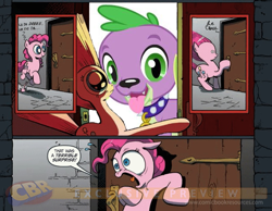 Size: 900x700 | Tagged: safe, idw, pinkie pie, spike, dog, equestria girls, dog drama, exploitable meme, meme, spike drama, spike the dog, spike's dog collar, stock vector, surprise door