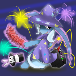 Size: 1050x1050 | Tagged: safe, artist:hoyeechun, derpibooru import, angel bunny, trixie, twilight sparkle, bunny out of the hat, card, fireworks, hat, magic trick, plushie, smiling, top hat, wand