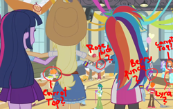 Size: 1066x675 | Tagged: safe, edit, edited screencap, screencap, aqua blossom, berry punch, berryshine, carrot top, golden harvest, golden hazel, lyra heartstrings, mystery mint, paisley, rose heart, roseluck, equestria girls, equestria girls (movie), background human, background pony