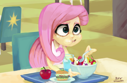 Size: 832x548 | Tagged: safe, artist:cashtier, artist:chickensoupforthesol, artist:gikima, fluttershy, equestria girls, equestria girls (movie), baybayin, burger, eating, filipino, food, hamburger, salad, scene interpretation, solo, uncanny valley