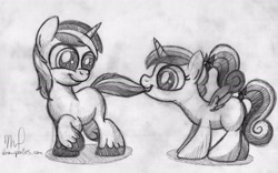 Size: 3244x2030 | Tagged: safe, artist:drawponies, princess cadance, shining armor, alicorn, pony, unicorn, colt, filly, monochrome, traditional art, younger