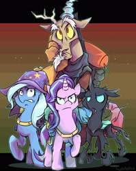 Size: 3000x3766 | Tagged: safe, artist:tyuubatu, derpibooru import, discord, starlight glimmer, thorax, trixie, pony, unicorn, to where and back again, backpack, frown, raised hoof, reformed four, worried