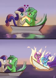 Size: 800x1100 | Tagged: safe, artist:paradigmpizza, derpibooru import, bon bon, cheerilee, lyra heartstrings, sweetie drops, trixie, boat, comic, female, fire, green, image macro, lesbian, lyrabon, meme, salute, ship sinking, shipping, sinking, trixilee