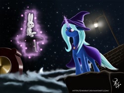 Size: 1600x1200 | Tagged: safe, artist:zikkrat, derpibooru import, angel bunny, trixie, rabbit, bunny out of the hat, glowing horn, hat, magic, magic trick, telekinesis, top hat, trixie's cape, trixie's hat