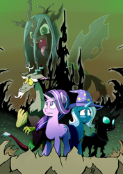 Size: 1600x2263 | Tagged: safe, artist:alvh-omega, derpibooru import, discord, queen chrysalis, starlight glimmer, thorax, trixie, changeling, changeling queen, pony, unicorn, to where and back again, changeling kingdom, poster, reformed four