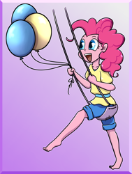 Size: 1500x1980 | Tagged: safe, artist:midnightpremiere, pinkie pie, equestria girls, balloon, barefoot, feet, solo, swing