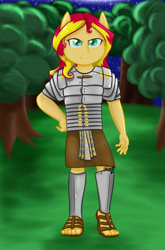 Size: 1024x1553 | Tagged: safe, artist:midnightpremiere, sunset shimmer, anthro, equestria girls, armor, forest, legionary, roman, solo