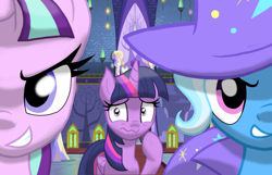 Size: 2100x1350 | Tagged: safe, artist:theroyalprincesses, derpibooru import, starlight glimmer, trixie, twilight sparkle, twilight sparkle (alicorn), alicorn, pony, unicorn, no second prances, clothes, counterparts, evil grin, grin, looking at you, raised hoof, smiling, trio, trixie's cape, trixie's hat, twilight's castle, twilight's counterparts, wavy mouth, wide eyes