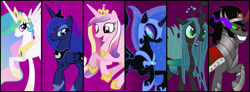 Size: 851x314 | Tagged: safe, artist:neonsenpai, king sombra, nightmare moon, princess cadance, princess celestia, princess luna, queen chrysalis, alicorn, changeling, changeling queen, pony, unicorn