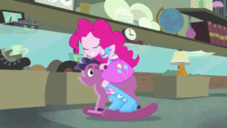 Size: 960x540 | Tagged: safe, screencap, pinkie pie, a case for the bass, equestria girls, rainbow rocks, animated, balloon, boots, bracelet, clothes, cute, grin, high heel boots, humans riding ponies, jewelry, ponies riding ponies, riding, rocking horse, skirt, smiling, solo, wide eyes