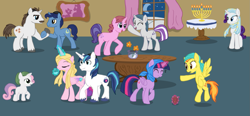 Size: 1495x693 | Tagged: safe, artist:thewonderpuppet, cookie crumbles, hondo flanks, night light, princess cadance, rarity, shining armor, spitfire, sweetie belle, twilight sparkle, twilight sparkle (alicorn), twilight velvet, alicorn, pony, unicorn, dreidel, female, hanukkah, jewnicorn, judaism, mare, menorah, mitpachat, yarmulke