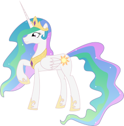 Size: 3175x3228 | Tagged: safe, artist:eillahwolf, princess celestia, alicorn, pony, female, horn, mare, multicolored mane, raised hoof, solo, white coat