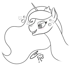 Size: 1261x1206 | Tagged: safe, artist:iraincloud, princess luna, alicorn, pony, drunk, drunk luna, lunadoodle, monochrome, solo