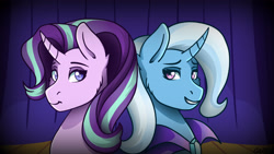 Size: 3840x2160 | Tagged: safe, artist:ciderpunk, derpibooru exclusive, derpibooru import, starlight glimmer, trixie, pony, unicorn, bust, lidded eyes, looking at you, portrait, smiling