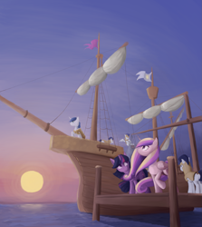 Size: 1413x1581 | Tagged: safe, artist:bakuel, princess cadance, shining armor, twilight sparkle, alicorn, pony, unicorn, boat, royal guard, ship, sun