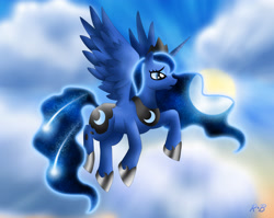 Size: 1879x1496 | Tagged: safe, artist:rose-beuty, princess luna, alicorn, pony, flying, meteor, moon, solo, sun, surreal