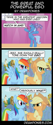 Size: 850x2000 | Tagged: safe, artist:drawponies, derpibooru import, applejack, pinkie pie, rainbow dash, rarity, spike, trixie, twilight sparkle, dragon, earth pony, pegasus, pony, unicorn, boast busters, audience, comic, hypocrisy, hypocritical humor, show, trixie's cape, trixie's hat