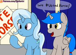 Size: 1400x1000 | Tagged: safe, artist:spritepony, derpibooru import, ms. harshwhinny, trixie, oc, oc:sprite, alicorn, pony, unicorn, alicorn oc, hoof hold, patreon, patreon logo, polling booth, sign, speech, votehorse, voting booth