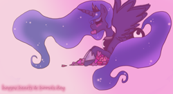 Size: 1278x694 | Tagged: safe, artist:curiiosiity, princess luna, alicorn, pony, eyes closed, heart, mouth hold, prone, solo, spread wings